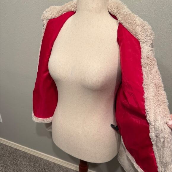 Sanctuary Surplus jacket cream faux fur with pockets & red lining  Sz L mob wife - Picture 7 of 9